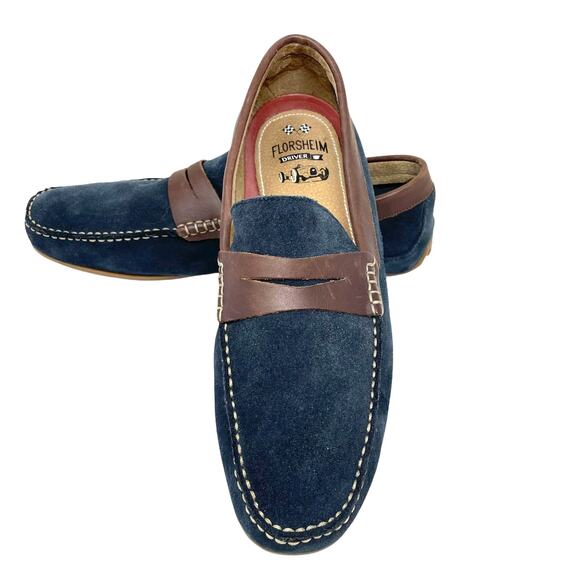 Florsheim Denison Driver Moccasin Penny Loafer Navy Suede Leather Size 14 M - Picture 1 of 12
